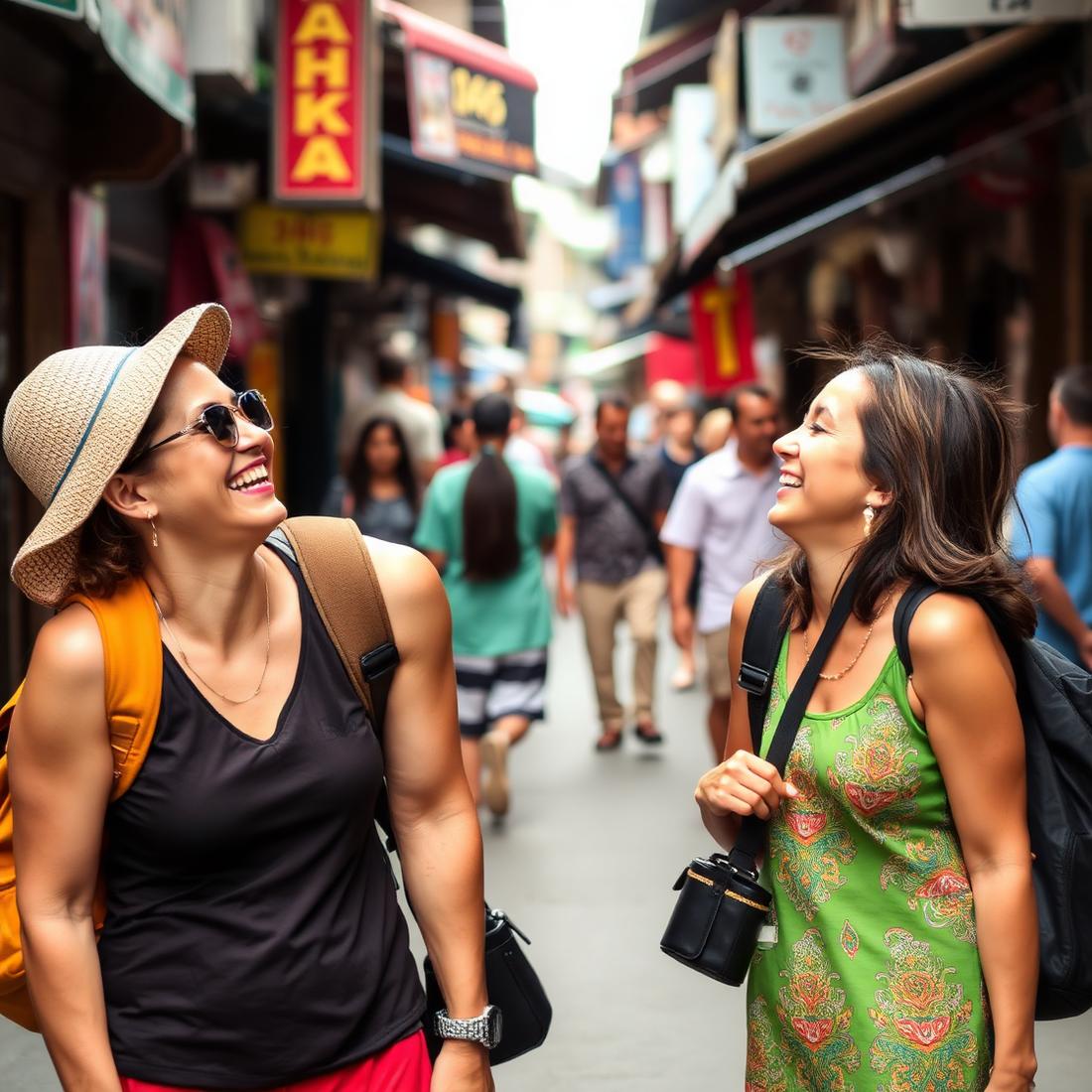 Som and travellers laughing together
