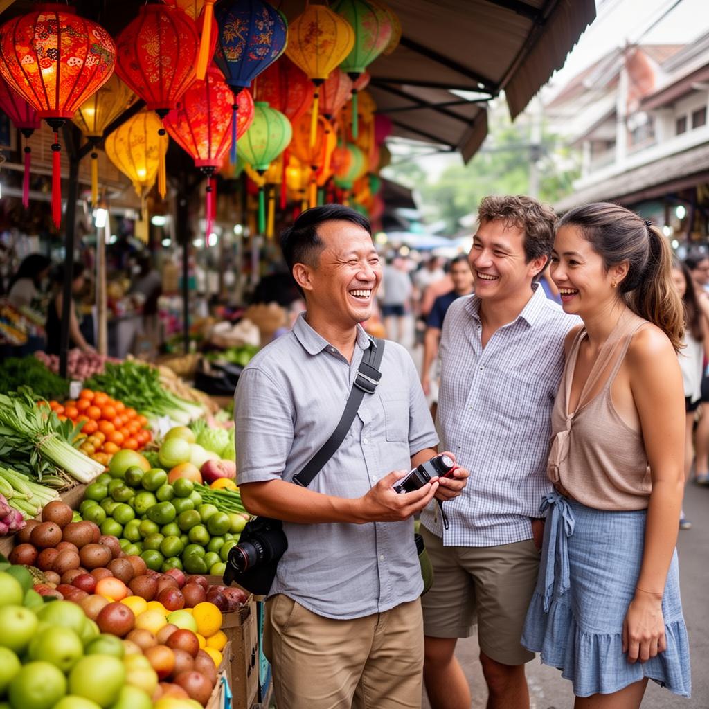 Khun Som smiling with travellers at a Chiang Mai market